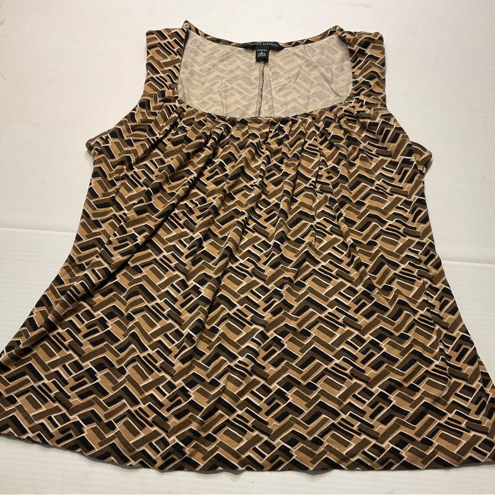 Banana Republic Brown Geometric Print Top Women Sz L Pleated Front Loose Fit